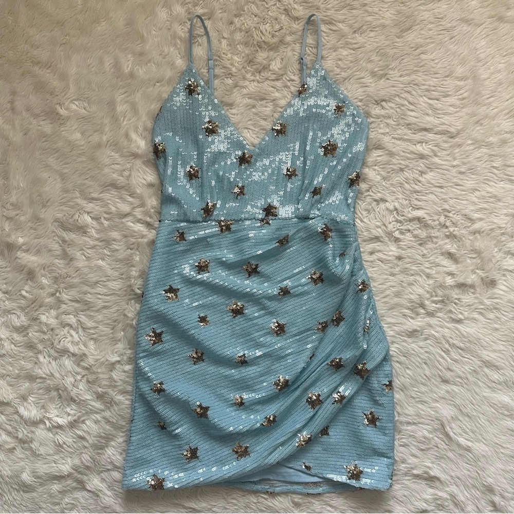 Superdown Dress Dina Mini Sequins Light Blue Star Embellished S NWT New - Picture 2 of 13